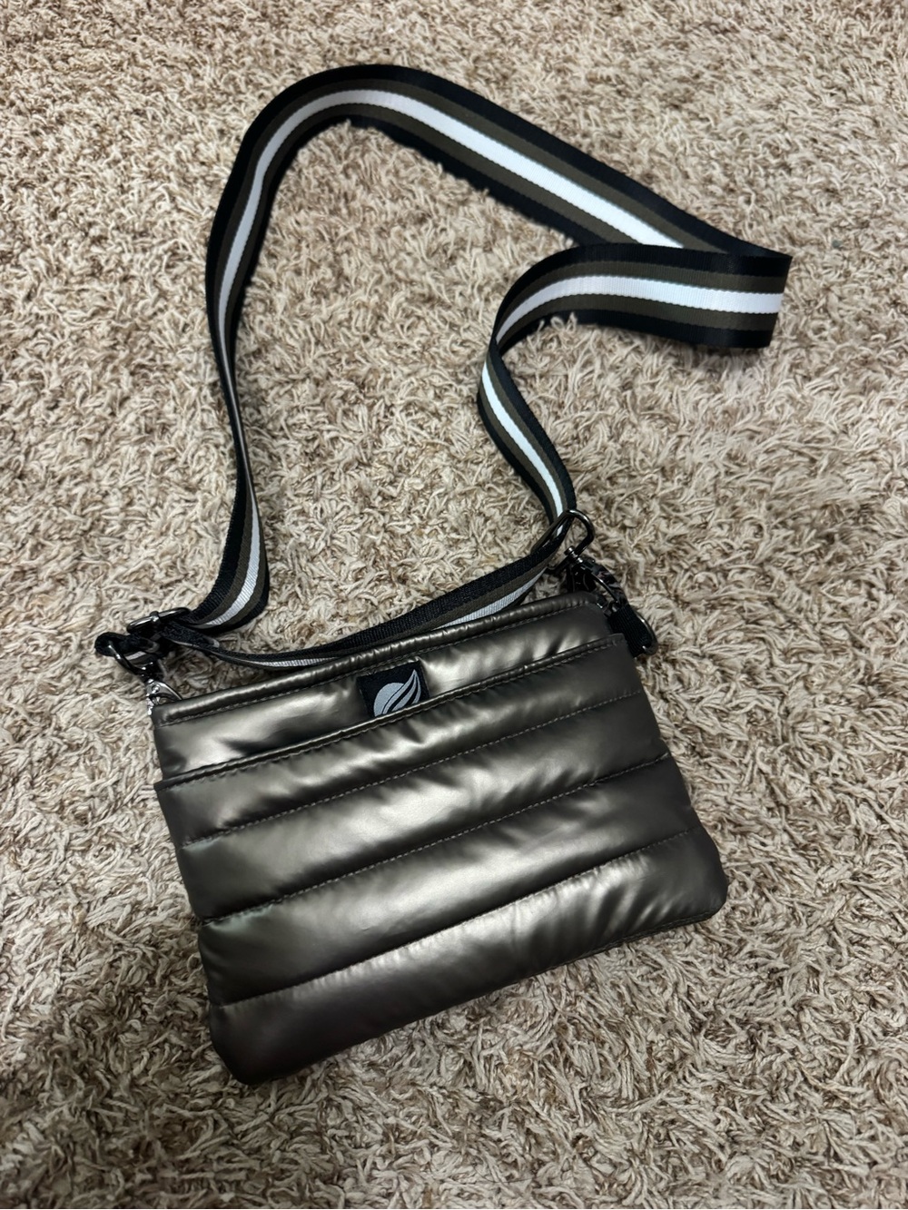 THINK ROYLN Metallic Gunmetal Quilted Crossbody with Striped Strap